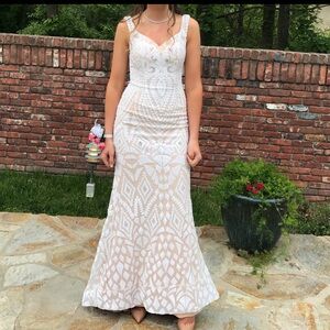 Jovani White and Cream Geometric Lace Prom Dress
